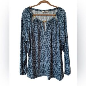 Michael Kors 2X Blue Floral Long Sleeve Blouse Gold Chain Cut Out Romantic Fairy